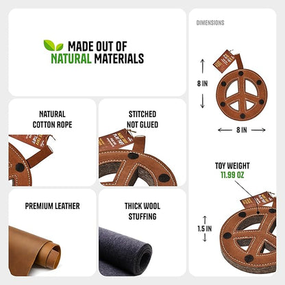 Peace Sign Leather Dog Toy for Aggressive Chewers - Extra Thick Wool, Stitched & Real Leather Dog Toy for Small, Medium & Large Dogs - Durable & Safe Chew Toys for Puppies