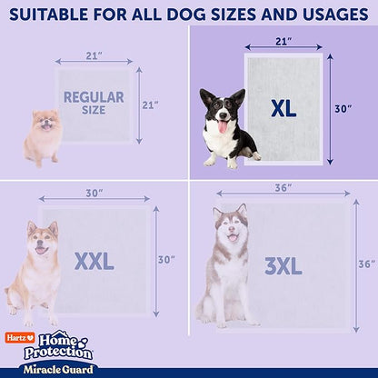 Hartz Miracle Guard Dog and Puppy Dog Pads Max Absorbency 24 Hour Use Odor Eliminating Lavender Scented No Leaks, X-Large Size 30 Count