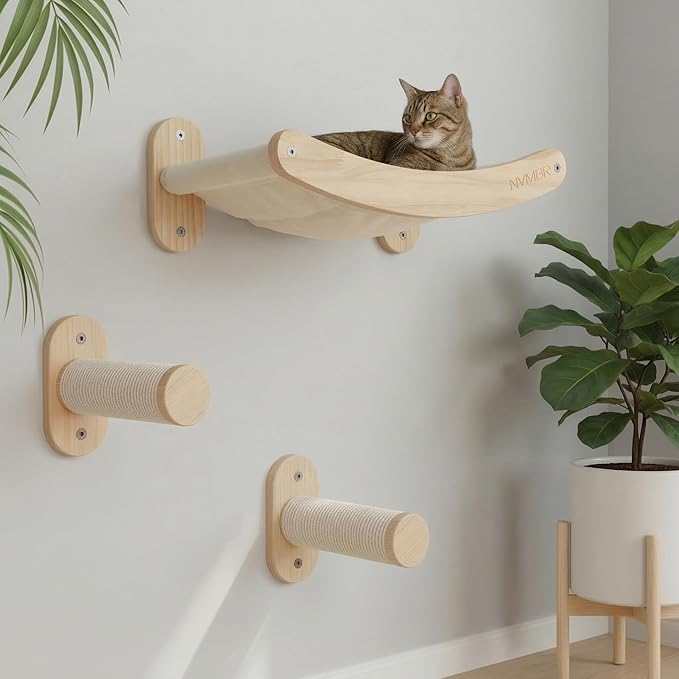 NVMBR Cat Wall Furniture Lounge with Sisal Stairs Set, 16 inch Stud Design, Easy Install Mounts, Holds up to 33 lbs Climber Indoor Perches for Walls, Shelf Hammock with Saftety Bar