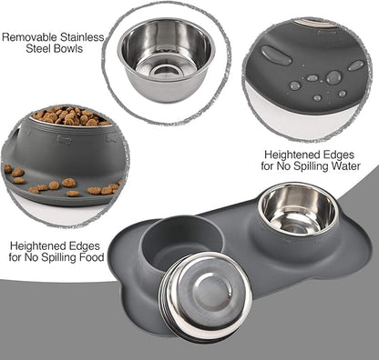 Dog Bowls 2 Stainless Steel Bowl for Pet Water and Food Feeder with Non Spill Skid Resistant Silicone Mat for Pets Puppy Small Medium Cats Dogs