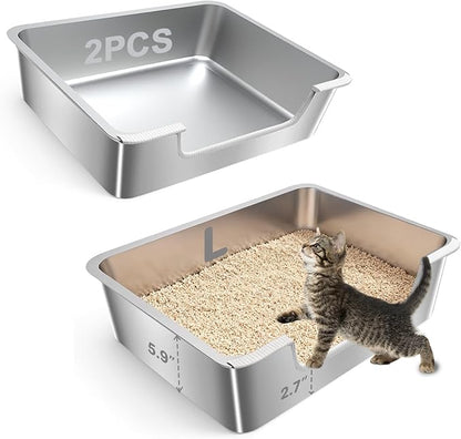 2-Pack Low Entry Litter Box for Senior Kittens Disabled Cats - Stainless Steel High Sided Enclosed Easy Step in Entry - Large Metal Kitty Litter Box Easy to Clean (19.7"x13.8"x5.9")