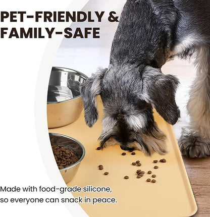VIVAGLORY Dog Food Mat Flexmat Dog Bowl Mat, Placemat Food Tray with Raised Edges & Lip for Indoor Floor, Non Slip Waterproof Silicone Dish Placemat for Cat & Pet, L, Beige Yellow