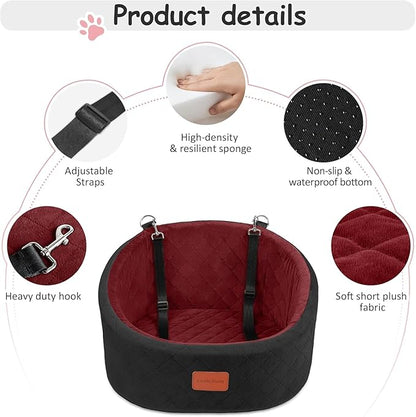 Lealchum Dog Car Seat for Small Dogs Up to 30 Lbs,Ultra Soft Fabric Fill in Comfy Memory Foam,Happy Pet Ride,2 Safety Dog Leashes,Fully Detachable and Washable,Anti Slip Base(Black/Red)