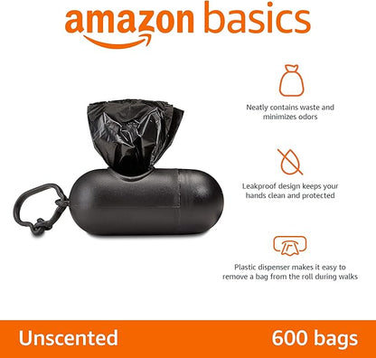 Amazon Basics Dog Poop Leak Proof Bags with Dispenser and Leash Clip, Unscented, 13" x 9", 600 Count