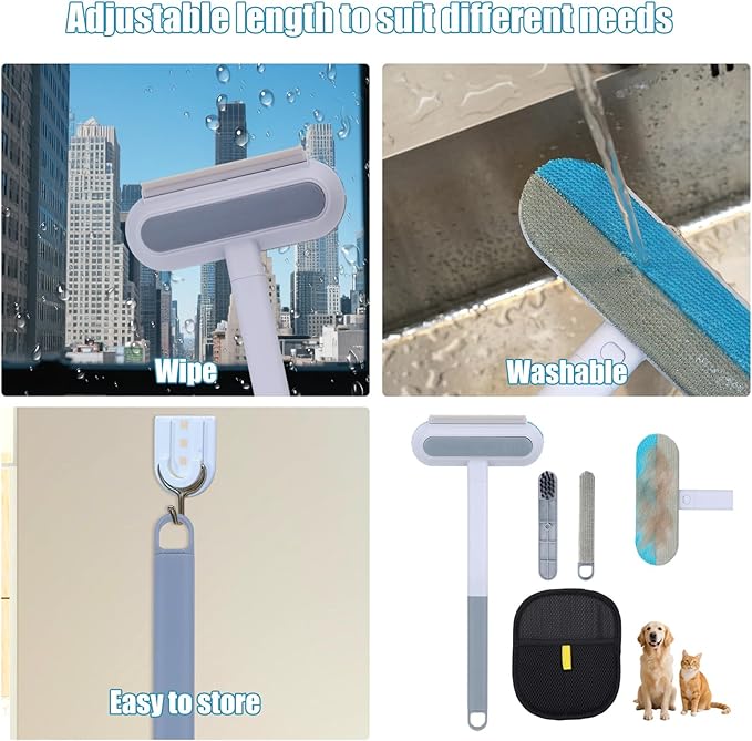 Pet Hair Remover, 4 in 1 Multifunctional Pet Remover Mitt Tool Reusable Long Handle Dog Hair Grooming Brush Magic Cat Fur Removal Glove Scraper Suitable for Couch Carpet Furniture