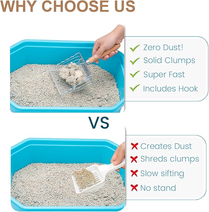 Cat Litter Scoop with Hook and Hole, Stainless Steel for Easy Clean, Premium Kitty Shovel Metal, Sifter Scooper, Durable, Heavy Duty, Not Smelly, for Litter Box (Only Scoop)
