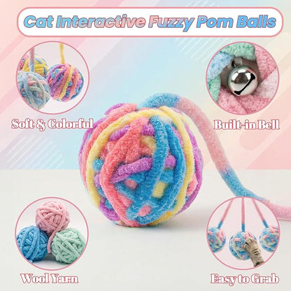 9 Pack Cat Toy Balls for Indoor Cats, Pom Pom Fuzzy Balls with Bells, Wool Yarn Toy with String, Mylar Crinkle Balls Interactive Kitten Toys for Indoor Cats Chase and Play Keep Busy Stress Relief