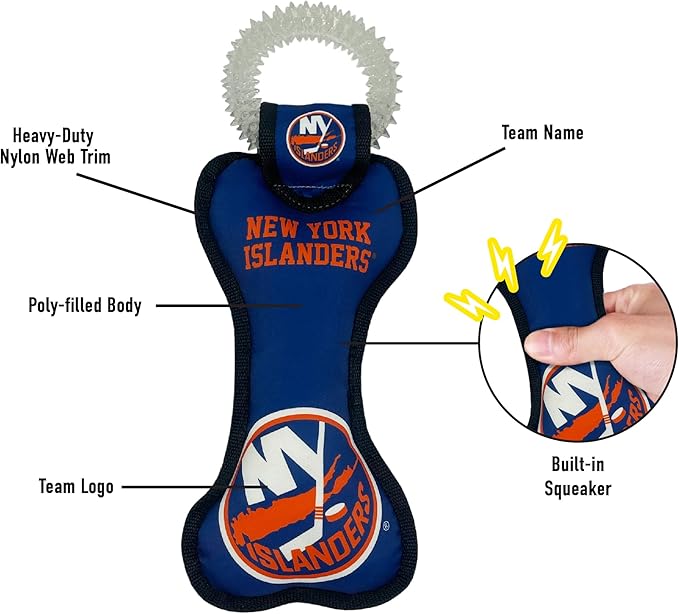 Pets First NHL New York Islanders Bone Shaped Dental Dog TUG Toy with Squeaker. Tough PET Toy for Healthy Fun, Teething, and Cleaning pet's Teeth and Gum.