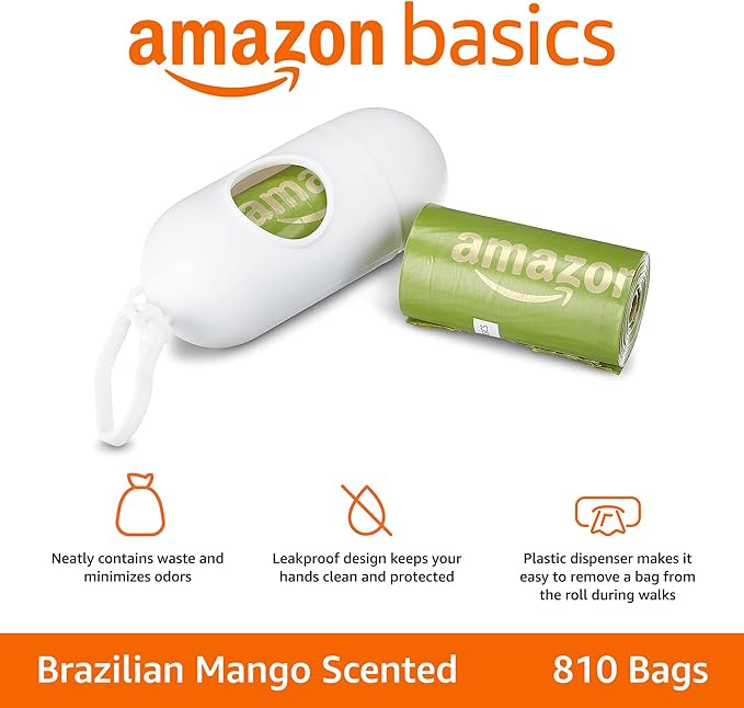 Amazon Basics Premium Leak Proof Dog Poop Bags with Dispenser and Leash Clip, Brazilian Mango Scented, 13" x 9", 810 Count (54 Rolls of 15)
