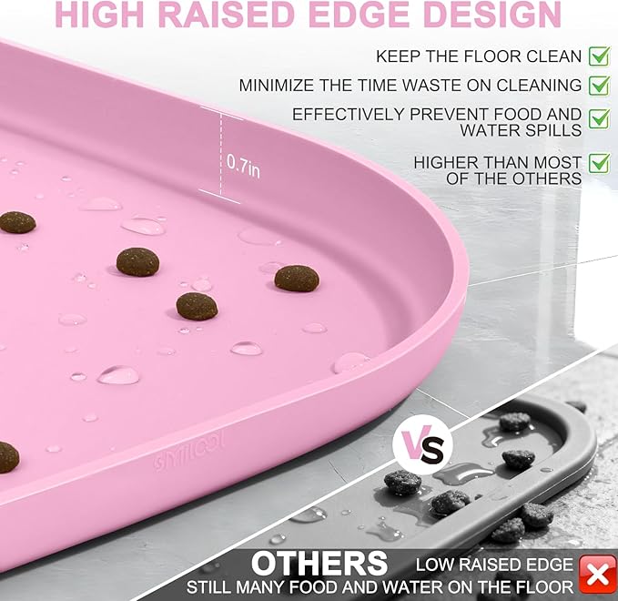 Small Silicone Pet Food Mat with Raised Edge for Food and Water Bowl, Square Dog Feeding Mats, Cat Food Trays for Floor Waterproof, Rubber Tray for Dogs and Cats, 12 x 12 x 0.7 Pink