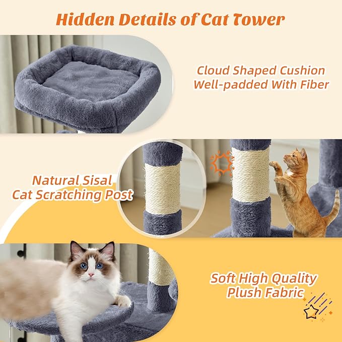 DUMOS Small 44 Inch Cat Tree Tower, Cat Climbing Tower with Natural Sisal Scratching Posts, Hammock, Pet Condo for Indoor Cats and Kittens Play, Dark Grey