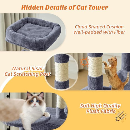 DUMOS Small 44 Inch Cat Tree Tower, Cat Climbing Tower with Natural Sisal Scratching Posts, Hammock, Pet Condo for Indoor Cats and Kittens Play, Dark Grey