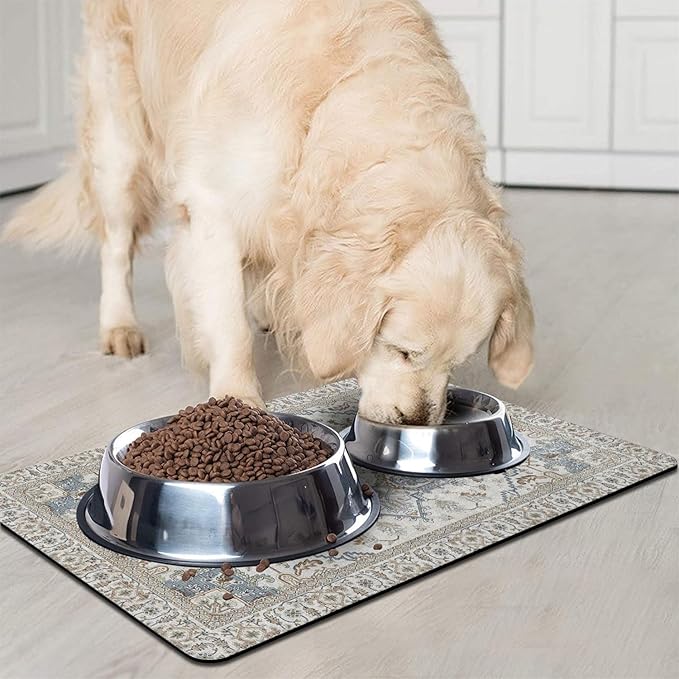 Dog Food Mats for Floors, Absorbent and Quick-Drying Pet Cat Food Mat,Anti-Fouling and Easy-to-Clean Pet Feeding Mat,Dog Bowl Mat for Messy Drinking Water Bowls.17 x27, Bohemia Style