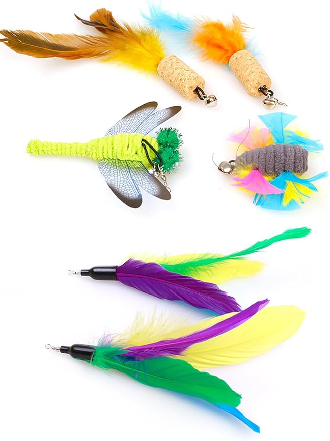ZoyPet 2 Pcs Cat Toys Interactive Refill Replacement Feather Pack Furry Tail Butterfly Dragonfly Fish Mouse Caterpillar Worm Birds Feathers for Kitten Cats 21 Variety Styles CT15-16 Colorful Tail Fish
