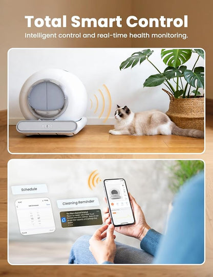 Self Cleaning Litter Box, Integrated Safety Automatic Cat Litter Box Self Cleaning 65L+9L for Multiple Cats, App Control, Odor Removal, Includes Mat & Liner (3 Rolls) - White