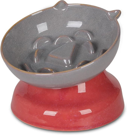 Ceramic Slow Feeder Dog Bowl, Elevated Maze Food Dish with Heavy Base, Anti Choking & Reduce Bloating, Raised Feeding Bowl for Small Medium Dogs (Grey)