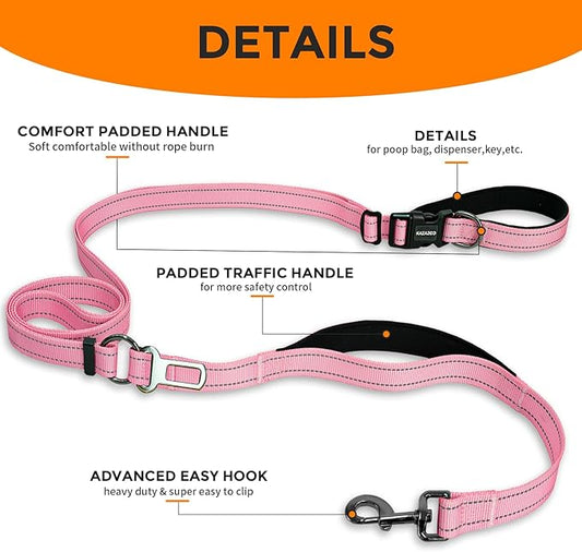 Kazazoo Hands-Free Dog Leash with Adjustable Length 5.5-8.5FT + Dual Padded Handles Reflective Safety for Walking, Jogging & Training | Suitable for Medium to Large Dogs & Puppies M Size Pink