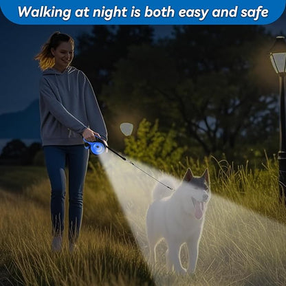 26ft Heavy Duty Retractable Dog Leash for Large Dogs, Dog Leash with Poop Bag Holder, Up to 100lbs, with LED Light, Chew Proof Cable, One-Handed Pause & Lock, 360° No Tangle. (Blue, 26Ft)