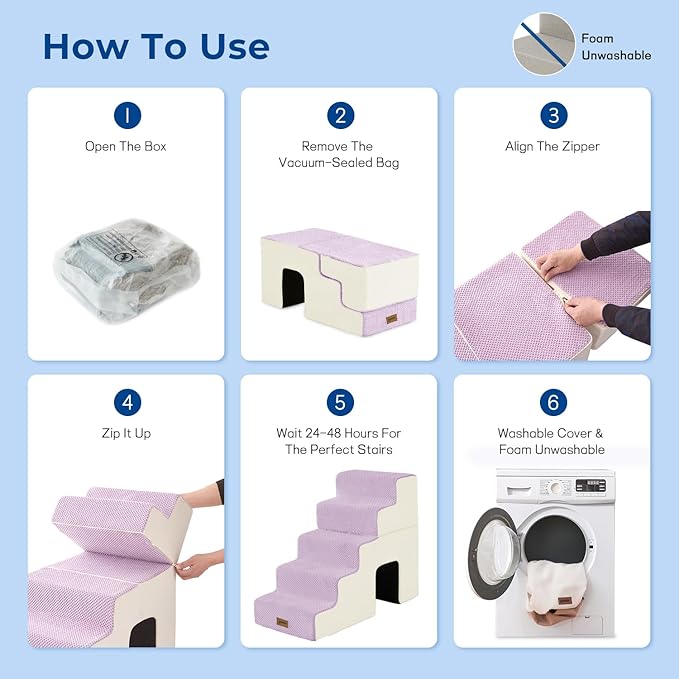 Dog Steps for High Beds - 6 Step 29" H Pet Stairs with Tunnel 2 in 1 with Zippers Suitable for Large Dogs and Cats, Indoor Cat Ladders with Non-Slip Bottom, Beige