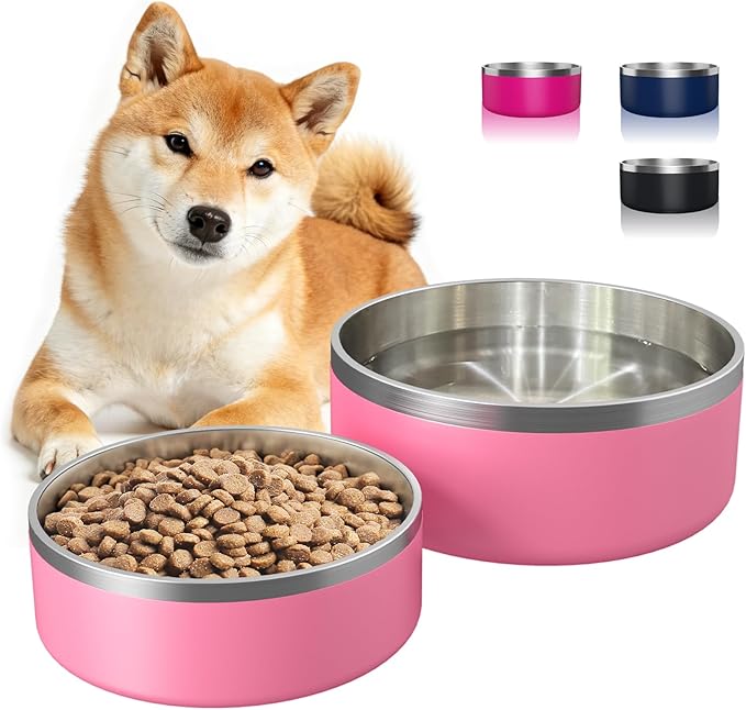 2 Pack Stainless Steel Dog Bowls, Outdoor Dog Water Bowl with Non Slip Rubber Bottom, Dishwasher Safe, Easy to Clean,40oz&64oz Pink