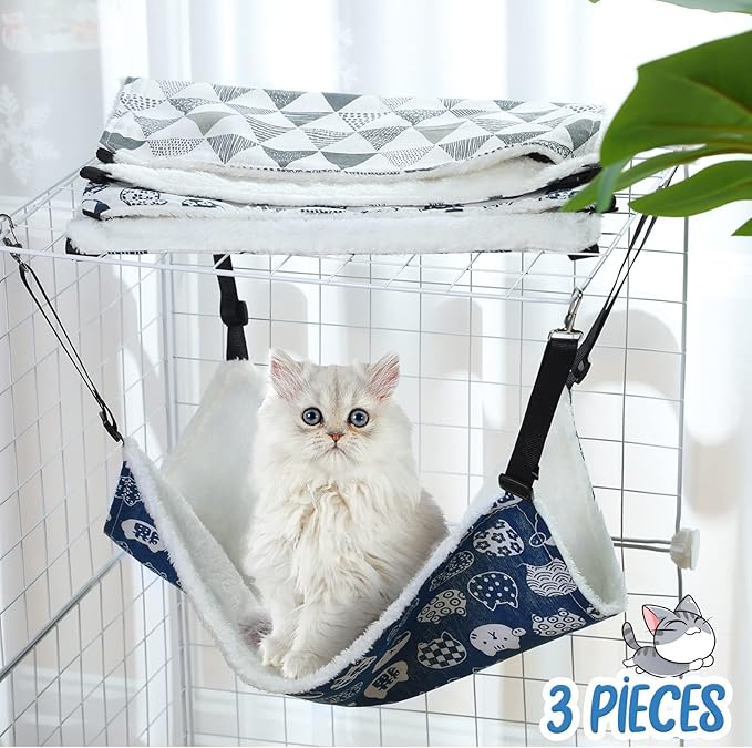 BBTO 3 Pcs Reversible Pet Hammock Soft Plush Cat Hanging Hammock Guinea Pig Bed Rat Cage Accessories for Puppy Dog Piggy Kitten Ferret Rabbit Other Small Animals(Cat)
