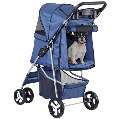 ZENY Foldable Pet Stroller, Cat/Dog Stroller with 4 Wheel, Pet Travel Carrier Strolling Cart with Storage Basket, Cup Holder (Navy Blue)