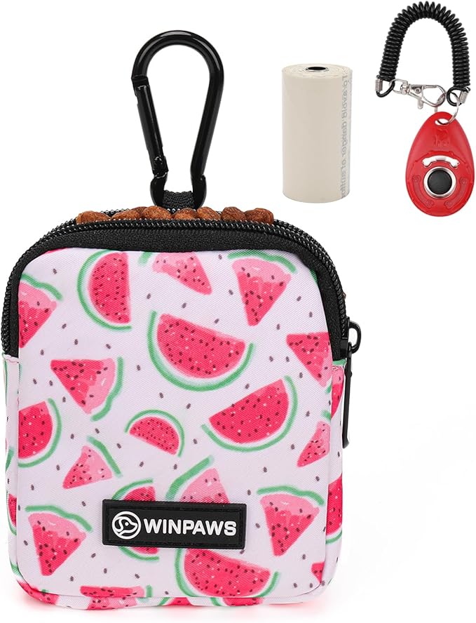 Dog Treat Pouch with Training Clicker,Waterproof Nylon Fabric Poop Bag Holders for Leashes,Hands Free Small Dog Walking Bag with Carabiner, Pet Puppy Training Walking Essentials (Watermelon)