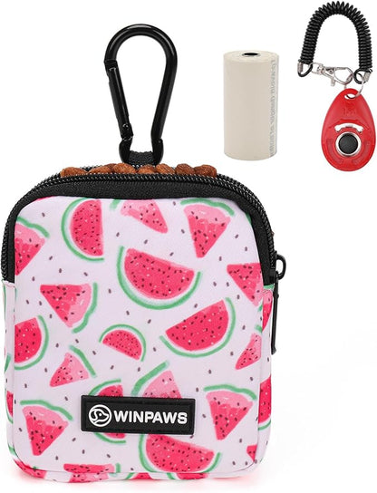 Dog Treat Pouch with Training Clicker,Waterproof Nylon Fabric Poop Bag Holders for Leashes,Hands Free Small Dog Walking Bag with Carabiner, Pet Puppy Training Walking Essentials (Watermelon)