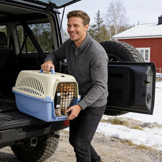 18" Hard-Sided Travel Pet Carrier for Small Dogs and Cats, Handle and 4 Sides Ventilation for Pet, Portable Crate with Steel Wire Door and Security Lock for Car, Airplane, Outdoor (Blue)