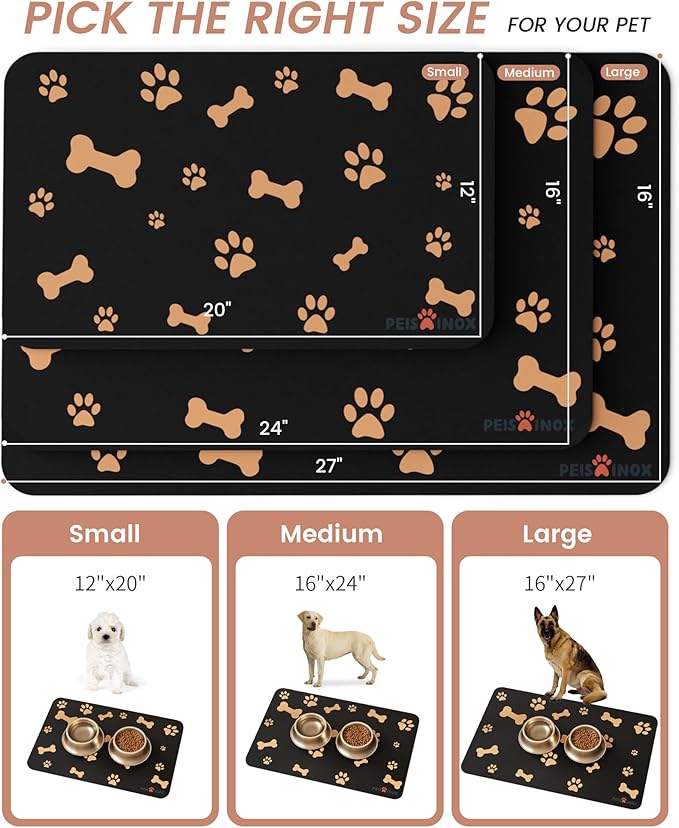 Cat Dog Food Mat, Rapid Water Absorption Dog Mat for Food and Water,100% Waterproof Cat Dog Bowl Mat, 16"x27"-Black