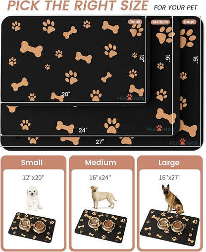 Cat Dog Food Mat, Rapid Water Absorption Dog Mat for Food and Water,100% Waterproof Cat Dog Bowl Mat, 16"x27"-Black