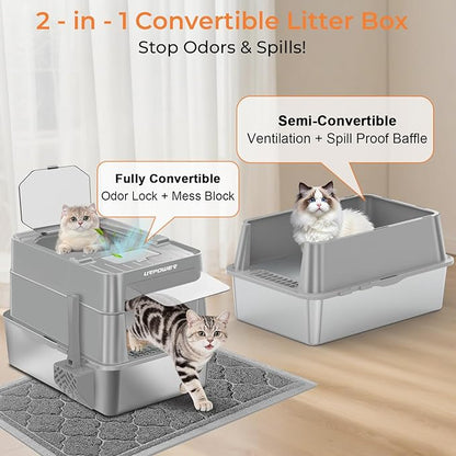 URPOWER Stainless Steel Cat Litter Box with Lid 110° Flip-Top Extra Large Enclosed Litter Box Non-Sticky Metal Pan with High Sided & Scoop, Odor Free, Front & Top Entry, Anti-Leakage, Easy Cleaning