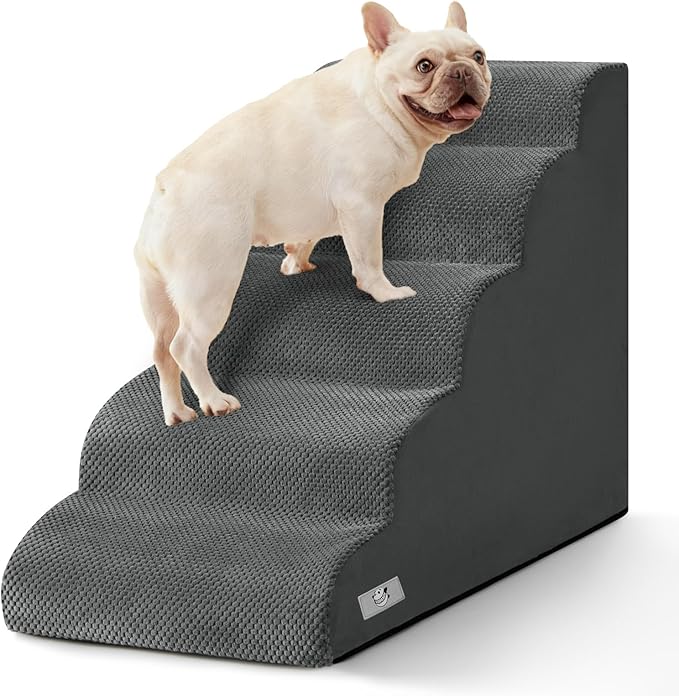 5 Step Dog Stairs for High Bed – Pet Steps for Small Dogs, Non-Slip Dog Ramp with Washable Cover, Pet Ladder for High Beds,Grey