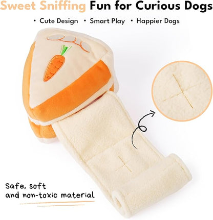 CHEWFFON Easter Dog Puzzle Snuffle Toy, Carrot Cake Treat-Hiding Enrichment Toy for Boredom Relief and Mental Stimulation, Squeaky Cake Gift, Interactive Play for Small and Medium Dogs