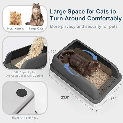 Stainless Steel Cat Litter Box with Enclosed Lid Extra Large Litter Box for Big Cats XL Metal Litter Tray Pan with High Sides Wall Enclosure, Easy Cleaning, Anti-Leakage, Non-Sticky (Charcoal Gray)