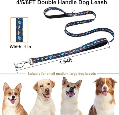 4ft Dog Leash with Two Padded Handles, Heavy Duty Strong Nylon Pet Leash with Soft Neoprene Handle for Small Medium Large Dogs, Blue Space