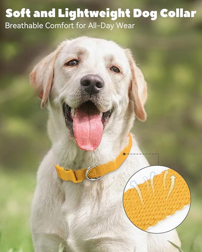 Dynmeow Soft and Breathable Cotton Dog Collar, Durable Adjustable Heavy-Duty Pet Collar with Quick-Release Buckle, Lightweight for Sensitive Skin for Large Dogs, Yellow, L