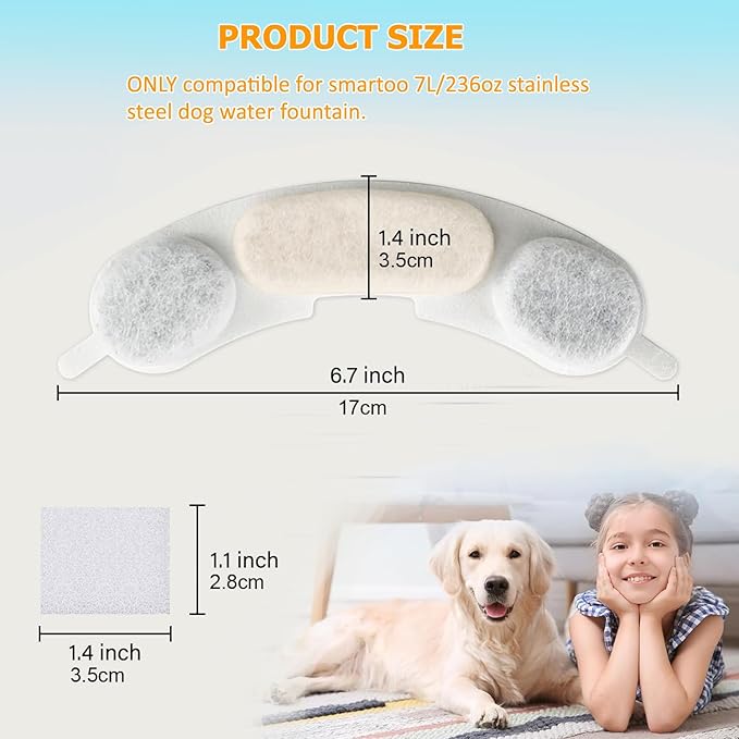 16 Pack Dog Water Replacement Filters Compatible with Smartoo 7L / 236oz / 1.8Gal Stainless Steel Dog Water Fountain, Pet Dog Fountain Filter Replacement,16 Filters + 16 Sponge