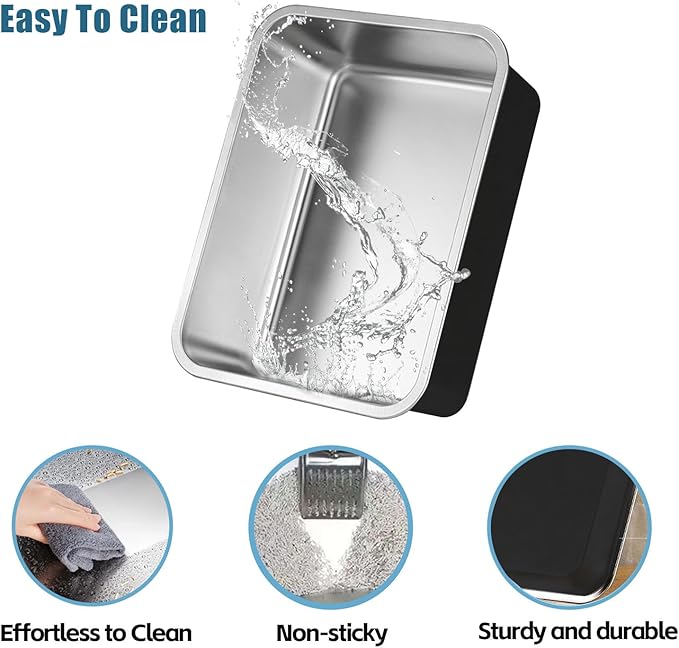Stainless Steel Cat Litter Box - XL Metal High Sided Cat Pan Tray, Easy to Clean Non Stick Odorless Large Pet Toilet Supplies for Big Cats Kitty Kitten, 23.6 x15.75 x6 Inch, Black