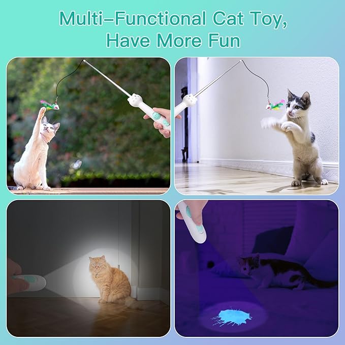 SEVENKA 3in1 Cat Toy, Rechargeable UV Flashlight and Retractable Rod with Feather Toy, USB-C White Light & 395nm Blacklight for Pet Urine Stains, Bed Bugs, Interactive Toy for Cat, Kitten