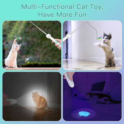 SEVENKA 3in1 Cat Toy, Rechargeable UV Flashlight and Retractable Rod with Feather Toy, USB-C White Light & 395nm Blacklight for Pet Urine Stains, Bed Bugs, Interactive Toy for Cat, Kitten