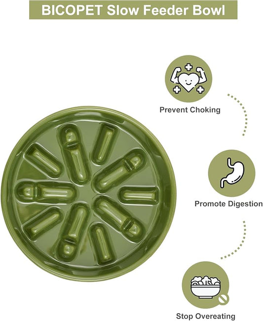 Ceramic Maze Dog Slow Feeder with Non-Slip Silicone Rim (& Bamboo Stand) – Heavy-Duty Stoneware Bowl with Puzzle Pattern for Bloating & Obesity Prevention (Raised-Green-M)