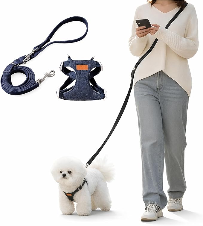 Hands Free Dog Leash and Harness Set, Adjustable No Pull Puppy Harness, Soft Breathable H-Type Vest for Small Medium Dogs Cats Walking Jogging Training (Denim Blue, XL)