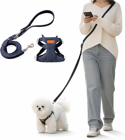 Hands Free Dog Leash and Harness Set, Adjustable No Pull Puppy Harness, Soft Breathable H-Type Vest for Small Medium Dogs Cats Walking Jogging Training (Denim Blue, M)