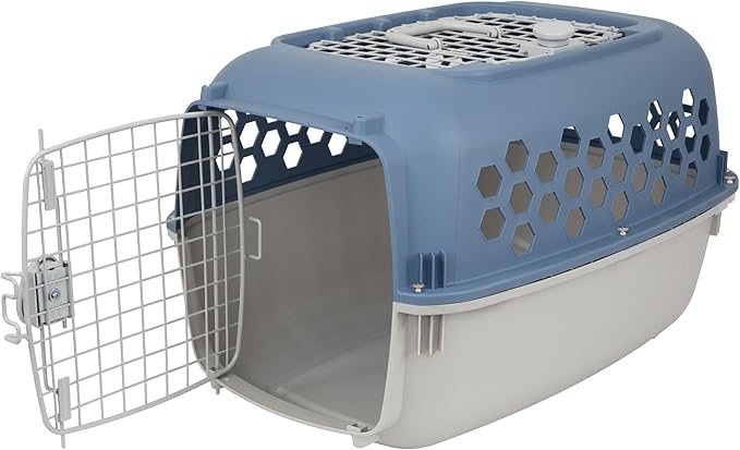 2-Door 24" Plastic Portable Dog Kennel, Blue – Lightweight Travel Crate for Small Dogs & Cats, Indoor/Outdoor Use with Secure Latches