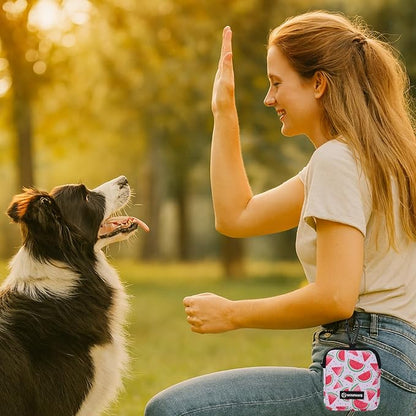 Dog Treat Pouch with Training Clicker,Waterproof Nylon Fabric Poop Bag Holders for Leashes,Hands Free Small Dog Walking Bag with Carabiner, Pet Puppy Training Walking Essentials (Watermelon)