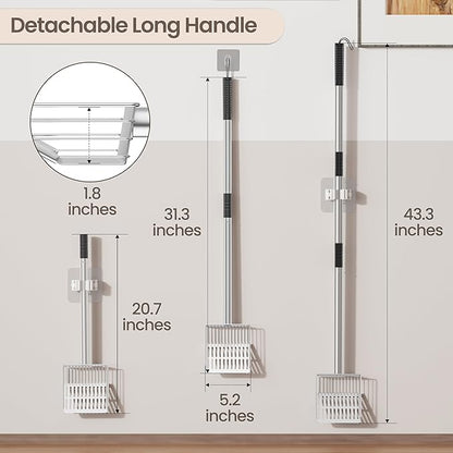 Heavy Duty Metal Cat Litter Scoop with Holder - Speed Sifter Litter Box Scooper Captures All Clumps - Kitty Litter Sifting Shovel Comfy Handle - Easy Clean with Hook（Long）