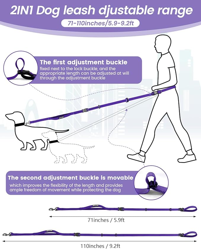 Hands Free Dog Leash, 2-in-1 Detachable Pet Seatbelt,5.9-9.2 ft Crossbody Dog Leash with Double-Sided Reflective for Walking, Hiking, Travel etc.(Purple)