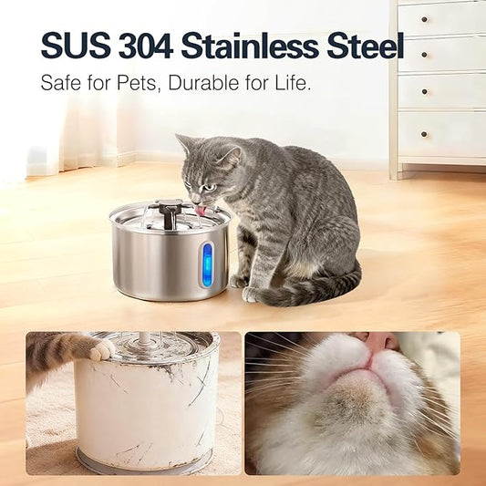 3L/101oz Stainless Steel Cat Water Fountain for Indoor Use - Ultra Quiet Automatic Cat Fountain for Drinking, Pet Water Foutain for Cat with LED Window, Easy to Clean (8 Filters & 8 Sponges)