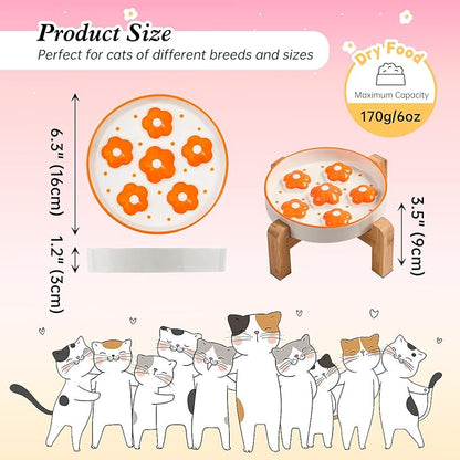 Elevated Slow Feeder Cat Bowl - Maze Puzzle Cat Food Dish with Bamboo Stand, Anti-Slip - Raised Base for Comfortable Eating - 6 OZ - Bright Orange Flower